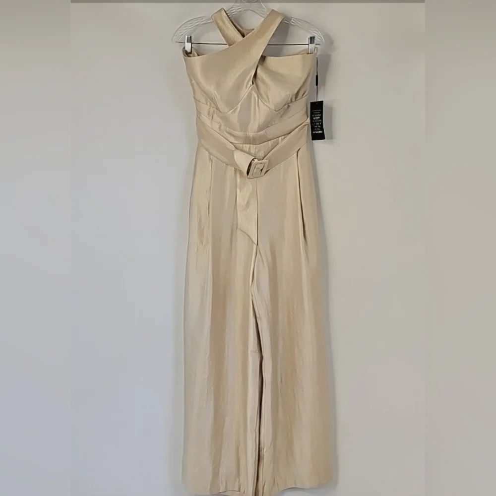 WHBM Champagne Gold Wide Leg Halter Jumpsuit wFront Pockets Cocktail Coquette - Picture 2 of 16